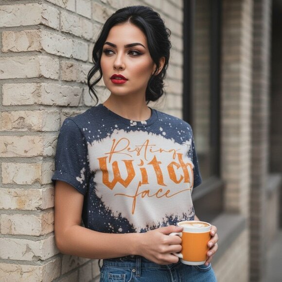 Resting Witch Face Tee – Bleach Dye Gildan Cotton – Size S – Excellent Condition - Picture 1 of 11